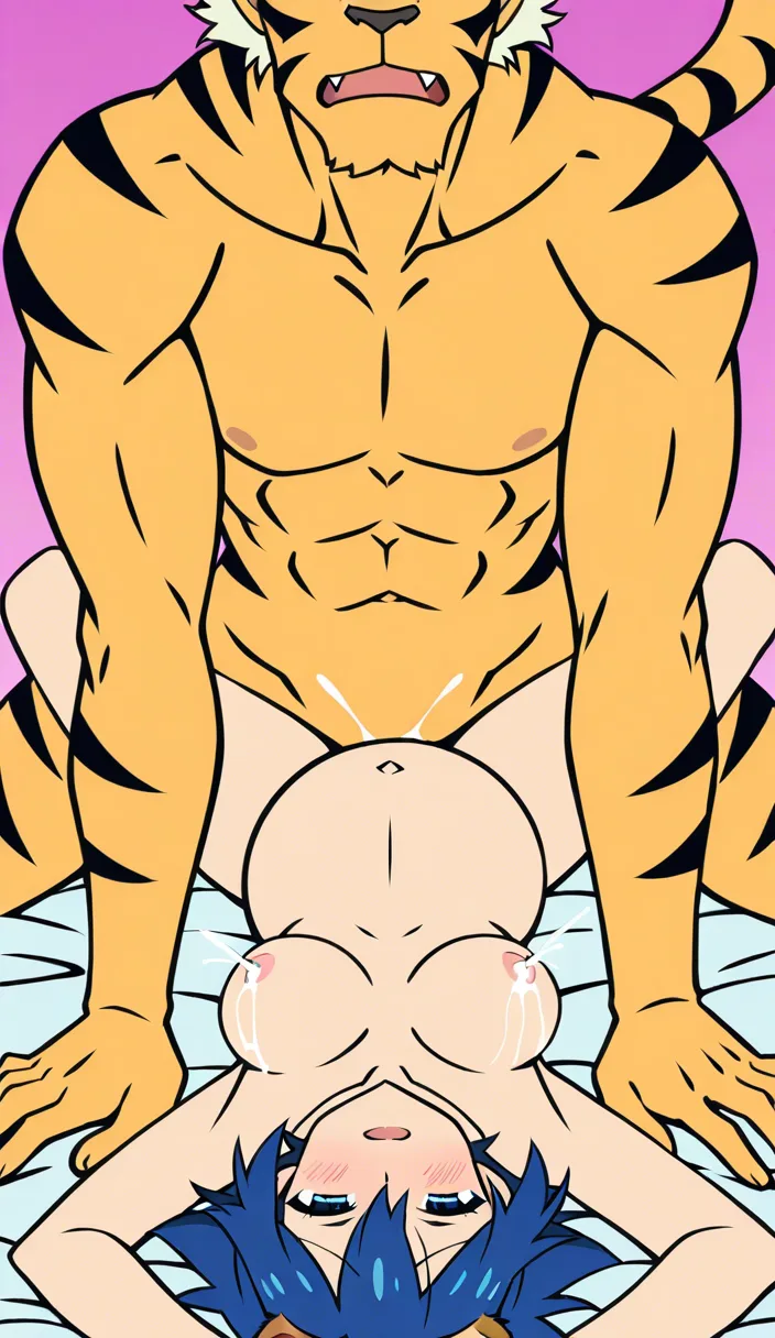 2D anime hentai style, male pregnant bottom with bunny ears, lactation, missionary, male_penetrated, male top with bulky body and tiger ears and tail