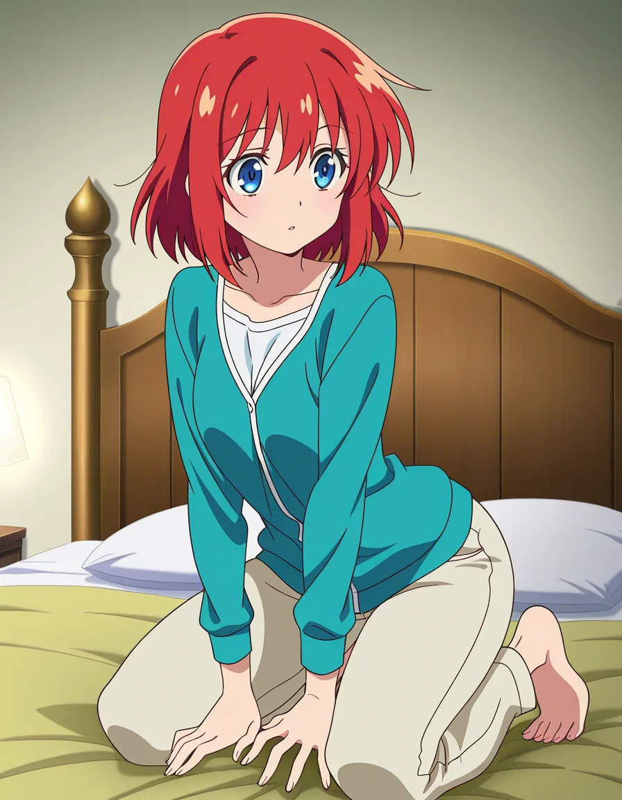 best quality, polished, solo, pants, kneeling on bed, visual novel art, (anime style:1.3), 2d, anime screencap, cel shading, flat color, @00osamio00