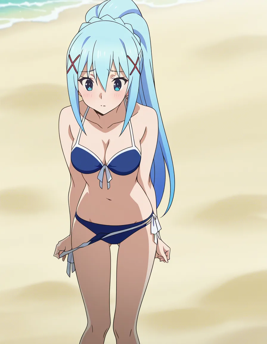 @darkness_(konosuba), beach, undressing blue_bikini, standing, (anime style:1.3), 2d, anime screencap, cel shading, flat color, @00osamio00