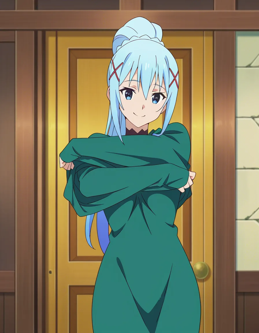 @darkness_(konosuba), standing, undressing, smile, (anime style:1.3), 2d, anime screencap, cel shading, flat color, @00osamio00