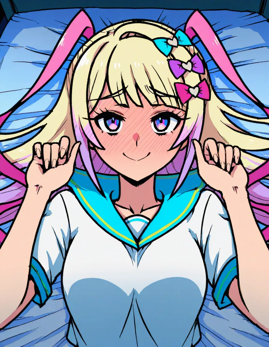 @chouzetsusaikawa_tenshi-chan, 1girl, embarrassed, smile, akairiot_artstyle, blush, pov, lying, on_back, on_bed, solo, hair_down, (anime style:1.3), 2d, anime screencap, cel shading, flat color, @00osamio00
