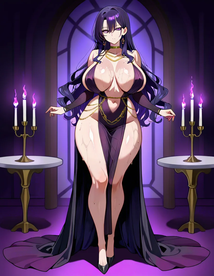 full body portrait 3:4, adult woman long wavy deep purple hair large glowing violet purple eyes, fair flushed sweaty skin, dark purple sheer gown gold chains, extremely large heavy breasts tiny waist wide hips thick thighs, seated at candlelit dinner table with wine grapes, gothic purple room, intense unresolved longing gaze, explicit glossy 2.5D anime erotica, score_9, score_8, 3d render, octane render, subsurface scattering, ray tracing, smooth shading