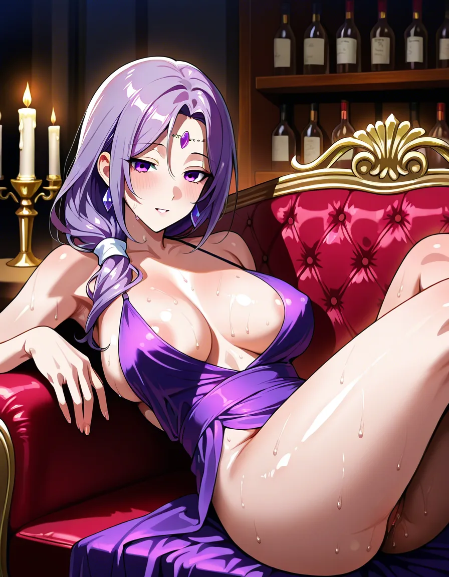 2d anime hentai cel shaded wide shot, mature purple hair purple eyes forehead jewel adult woman reclining on study couch partner mouth on her breasts BOTH fully visible, sheer purple gown open sweat gloss, candlelit bookshelves, HOT explicit, NOT photoreal NOT 3d, hentai_studio_quality