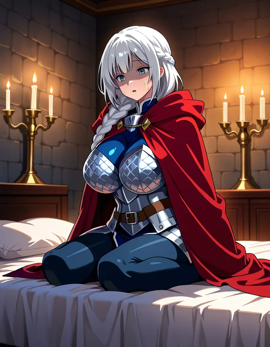 2d anime hentai cel shaded, white braid hair blue-grey eyes adult Varn warrior woman in practical blue quilted armor half-open red cloak pressing man into bed BOTH visible, huge bust sweat HOT, candle room, warrior not princess, NOT photoreal NOT 3d, hentai_studio_quality