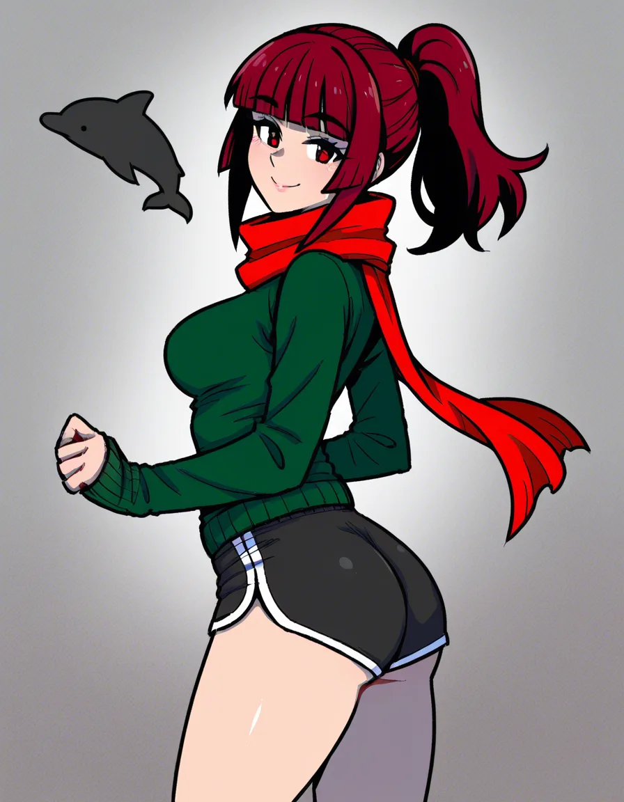 akairiot_artstyle, @lofi_girl_(youtube), 1girl, solo, aged_up, dark_brown_hair, blunt_bangs, ponytail, dark_red_scarf, turtleneck_sweater, dark_green_sweater, dolphin_shorts, black_shorts, medium_breasts, ass, smile, full_body, standing, looking_back, from_behind, hentai_studio_quality