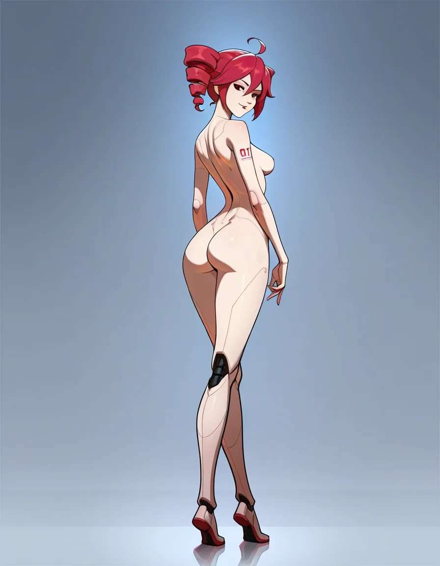 tarakanovich_artstyle, @kasane_teto, vocaloid, 1girl, solo, android, red_hair, twin_drills, nude, medium_breasts, ass, naughty_face, full_body, standing, looking_back, looking_at_viewer, from_behind, hentai_studio_quality