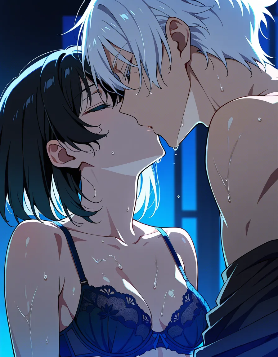 2d anime style, dark atmosphere, cyan blue lighting, short white hair androgynous boy and short black hair girl, intimate close-up kiss, undressing, lace bra, wet skin, line art, soft shadows, cinematic lighting, slow sensual motion, high detail, hentai_studio_quality