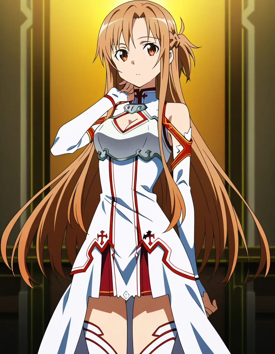 @asuna_(sao) cleavage_cutout thighs arched_back in action from_side ass_visible_through_thighs, (anime style:1.3), 2d, anime screencap, cel shading, flat color, @00osamio00