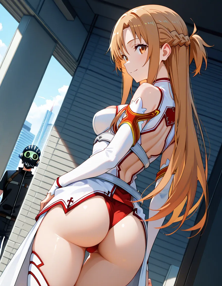 @asuna_(sao) cleavage_cutout thighs arched_back in action from_behind ass_visible_through_thighs Cuckolding teasing stranger while boyfriend watches, score_9, score_8, 3d render, octane render, subsurface scattering, ray tracing, smooth shading