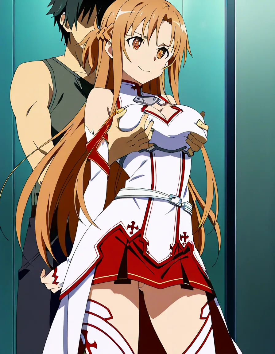 @asuna_(sao) cleavage_cutout thighs arched_back in action from_side ass_visible_through_thighs Cuckolding teasing stranger while boyfriend watches  grabbing_another's_breast grabbing_another's_ass see-through_clothes teasing, (anime style:1.3), 2d, anime screencap, cel shading, flat color, @00osamio00