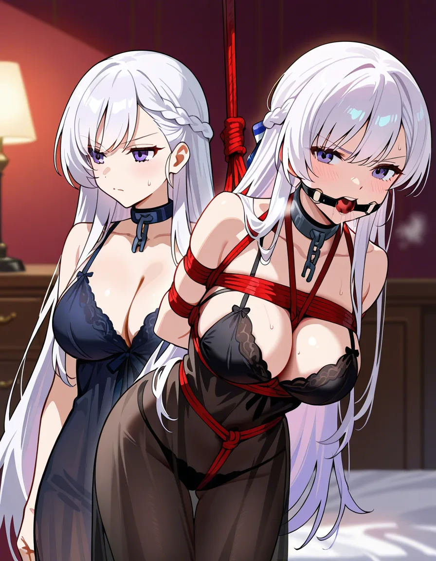 1girl @belfast_(azur_lane) black_nightgown bedroom on_back annoyed bondage shibari arms_behind_back ball_gag, hentai_studio_quality