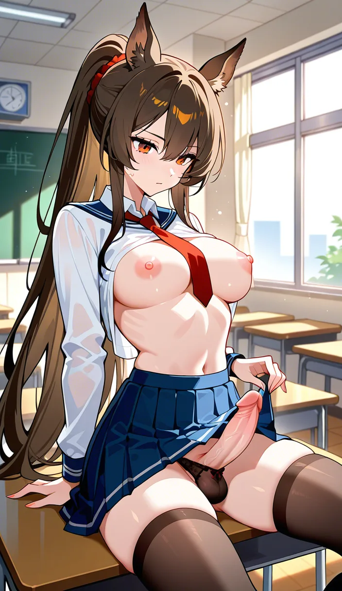 Yvonne from arknight enfield , school classroom, school uniform, sitting at the desk, futanari, bare chest, lifting the skirt, penis under the panties, hentai_studio_quality