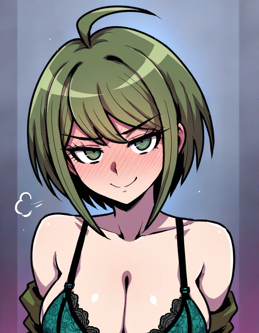 /masterpiece, /ultra_detailed, #akairiot_artstyle, @naegi_komaru, danganronpa_(series), 1girl, solo, green_hair, short_hair, sidelocks, ahoge, green_eyes, large_breasts, bra, full-face_blush, naughty_face, facing_viewer, looking_at_viewer, upper_body, hentai_studio_quality