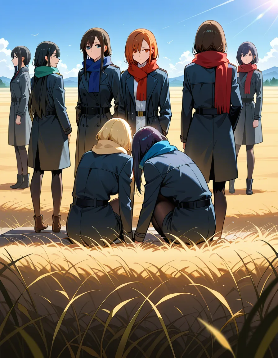 studio quality, sharp focus, over the shoulder, 6+girls, blowjob, scarf, day, cinematic realism, hentai_studio_quality