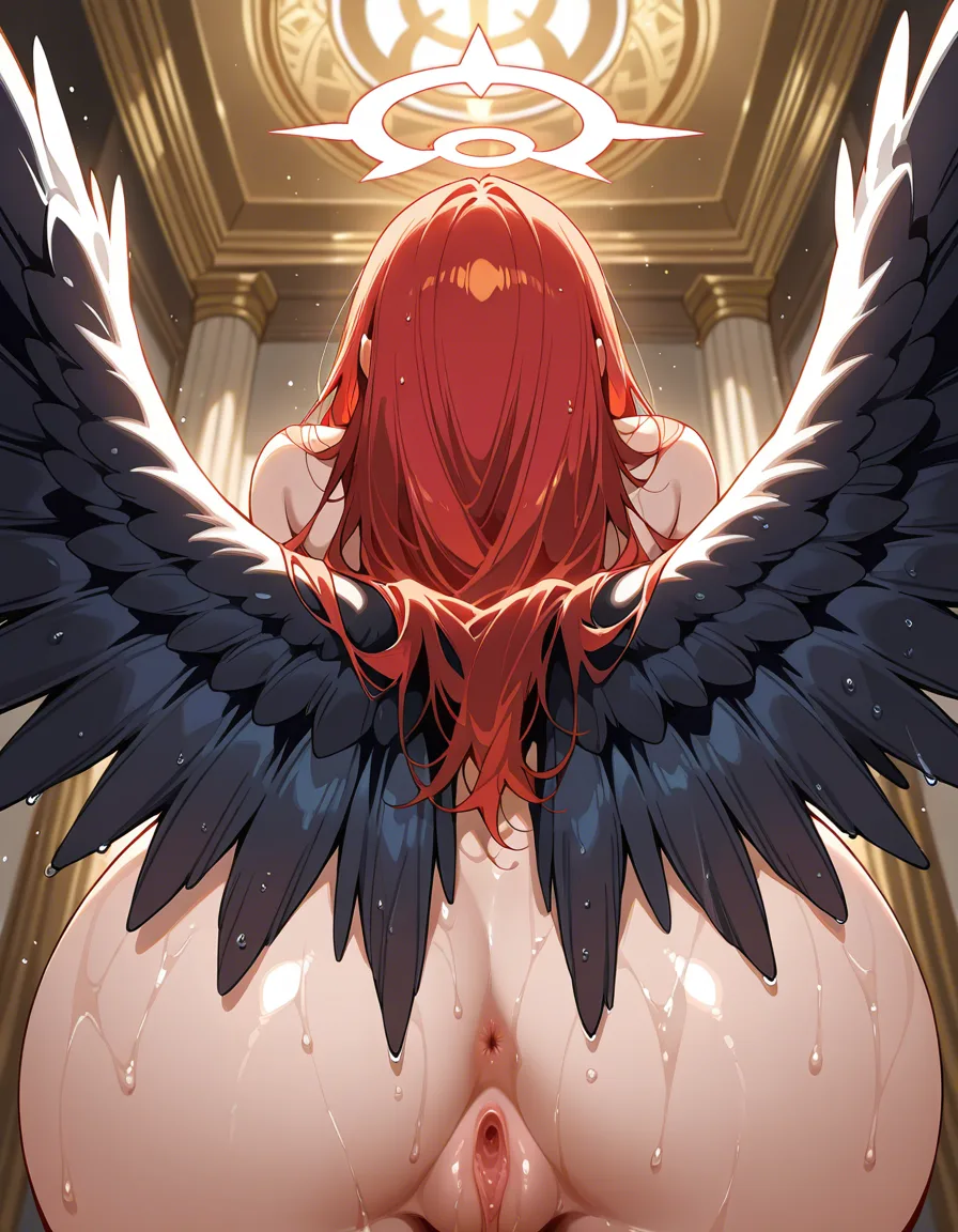 masterpiece, fine detail, redhead woman, wings, wet pussy, tender moment, POV, manga panel look, hentai_studio_quality