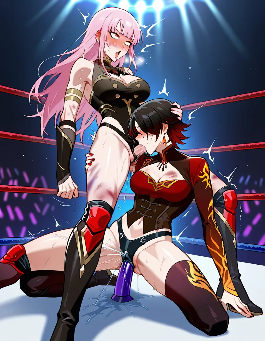 Cinder_fall_(rwby) , @mori_calliope , 2girls yuri sex , wrestling_ring, wrestling orgasm pussy_juice, defeated, squirting , bruised, sweat, oral strap-on fellatio hand_on_head from_side kneeling blush ahegao, hentai_studio_quality, hentai_studio_quality, hentai_studio_quality, hentai_studio_quality, hentai_studio_quality, hentai_studio_quality, hentai_studio_quality, hentai_studio_quality, hentai_studio_quality