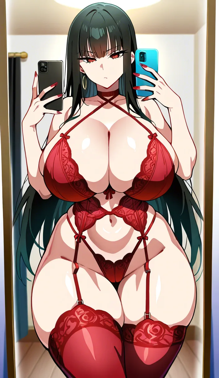 hotwife, first time cuckold cheating on her husband scene 
she have huge breasts huge curvy ass, black long_hair, as sexy model, curvy body 
legs_up pissy with water so hot, ready to fuck she is taking selfie in front of mirror with red lingerie 
quality of picture hentai anime best quality, hentai_studio_quality
