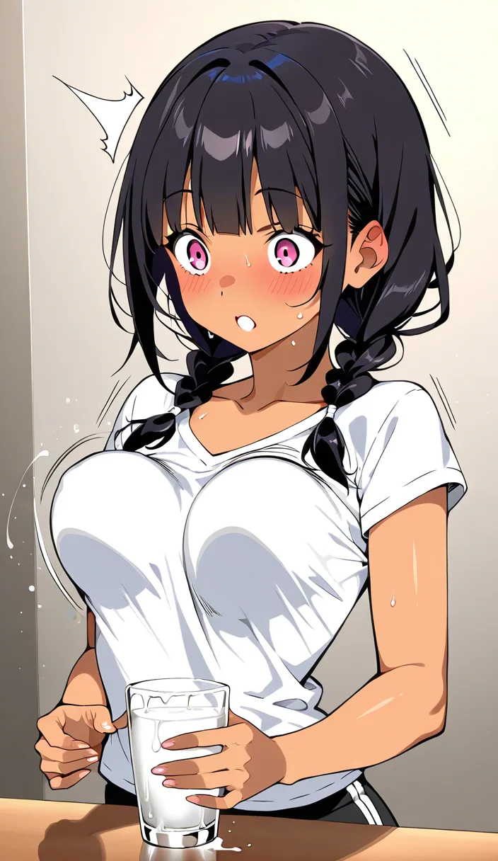 anime hentai, 1girl, black hair twin braids, pink eyes, tan skin, aomizuan style, small medium breasts, drinking white liquid from small glass cup, rapid breast expansion to huge massive breasts, clothes stretching, bouncing breasts, surprised then aroused face, smooth motion