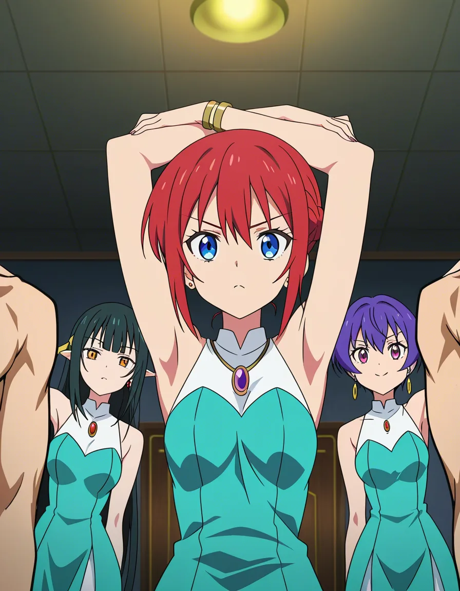 highly detailed, sharp, 4girls, jewelry, femdom armpits drain 1boy, (anime style:1.3), 2d, anime screencap, cel shading, flat color, @00osamio00
