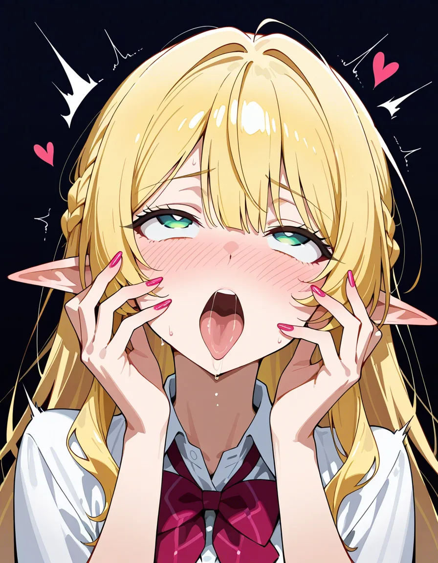 masterpiece, best quality, elf girl, nail polish, bowtie, ahegao, black background, submissive blush, eroge aesthetic, hentai_studio_quality