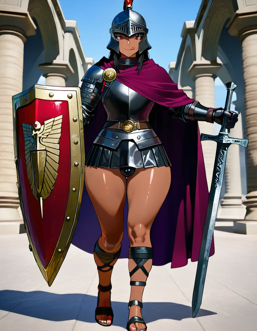 tall otoko_no_ko dark_skin plump wide_hips licking_lips praetorian guard black metal roman armor segmentata, roman black metal helmet, purple cloak, roman praetorian leather  skirt, roman sandals, bulge, gladius roman sword, roman  praetorian legionary shield,, score_9, score_8, 3d render, octane render, subsurface scattering, ray tracing, smooth shading