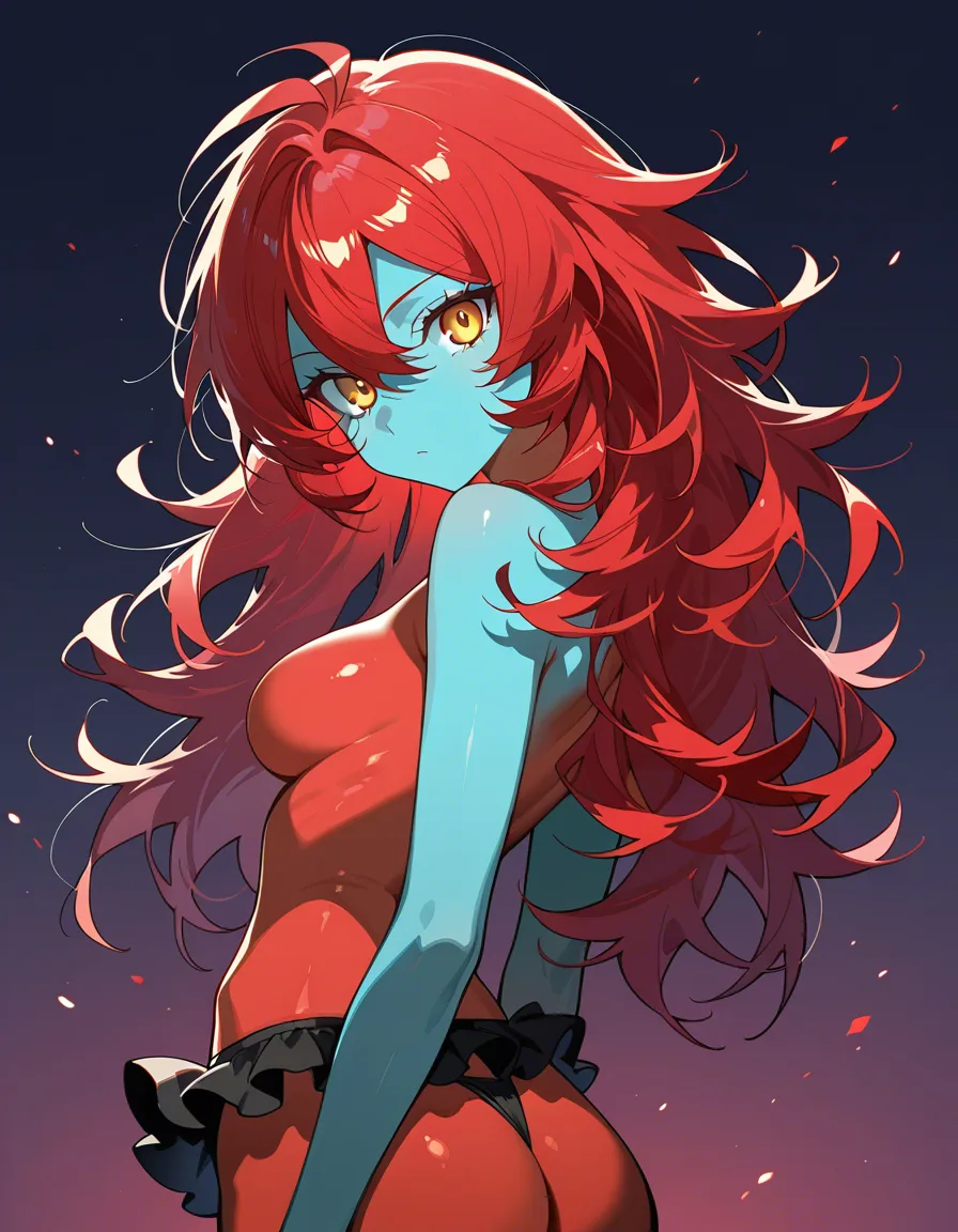 ultra detailed shading, redhead woman, colored skin, frills, topless, eroge aesthetic, hentai_studio_quality