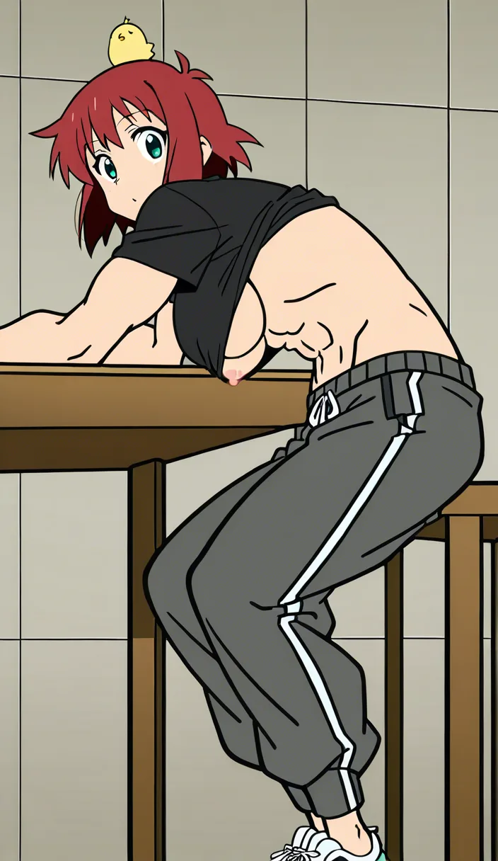 Anime style chick with black shirt showing underboob, one nipple slip, have her wear sweatpants down to her knees while she's arched over a table , have a muscular guy fuck her from the back while holding her plump ass, give her a black wolf cut, red eyes, make her body athletic with toned abs