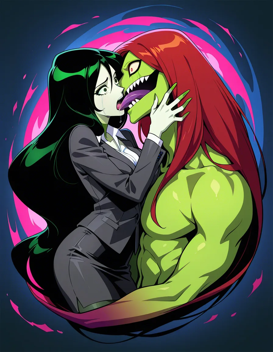 ultra detailed, shego , monster , french_kiss , scared , crying , office_lady, hentai_studio_quality, hentai_studio_quality