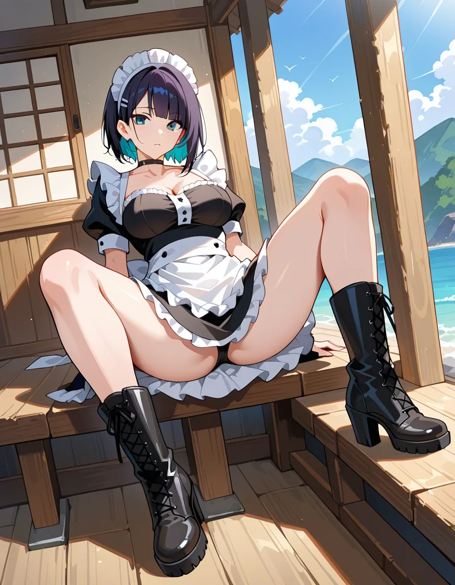 best quality, polished, maid, collarbone, boots, spread legs, day, detailed shading, hentai_studio_quality