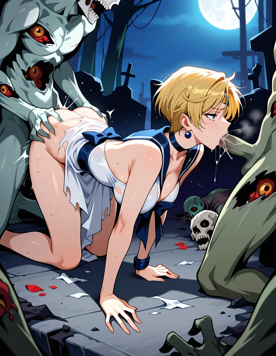 masterpiece , best quality , sailor_uranus , profile . cocktail_dress , torn_clothes , zombie, fellatio , vaginal , all_fours , hentai_studio_quality, hentai_studio_quality