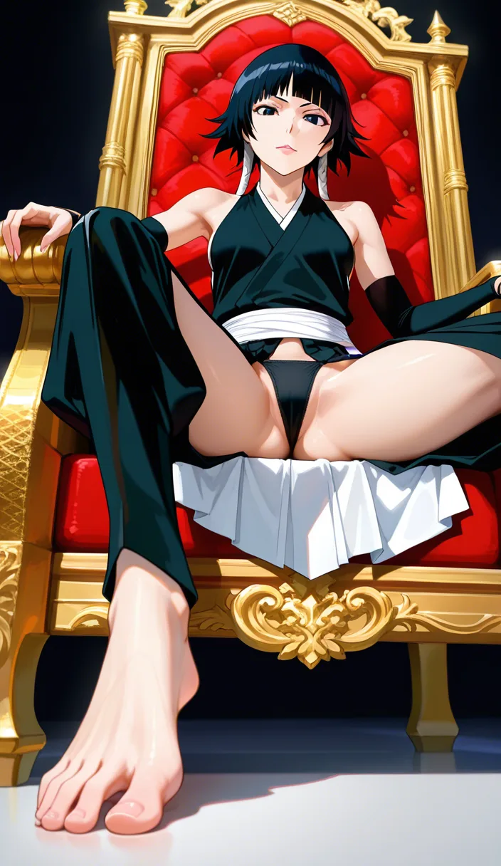 studio quality, sharp focus , from_below foot_focus , sitting on a throne @Sui-Feng_(Bleach) , clothed_female , spread_legs panties , lips , looking_at_viewer, score_9, score_8, 3d render, octane render, subsurface scattering, ray tracing, smooth shading