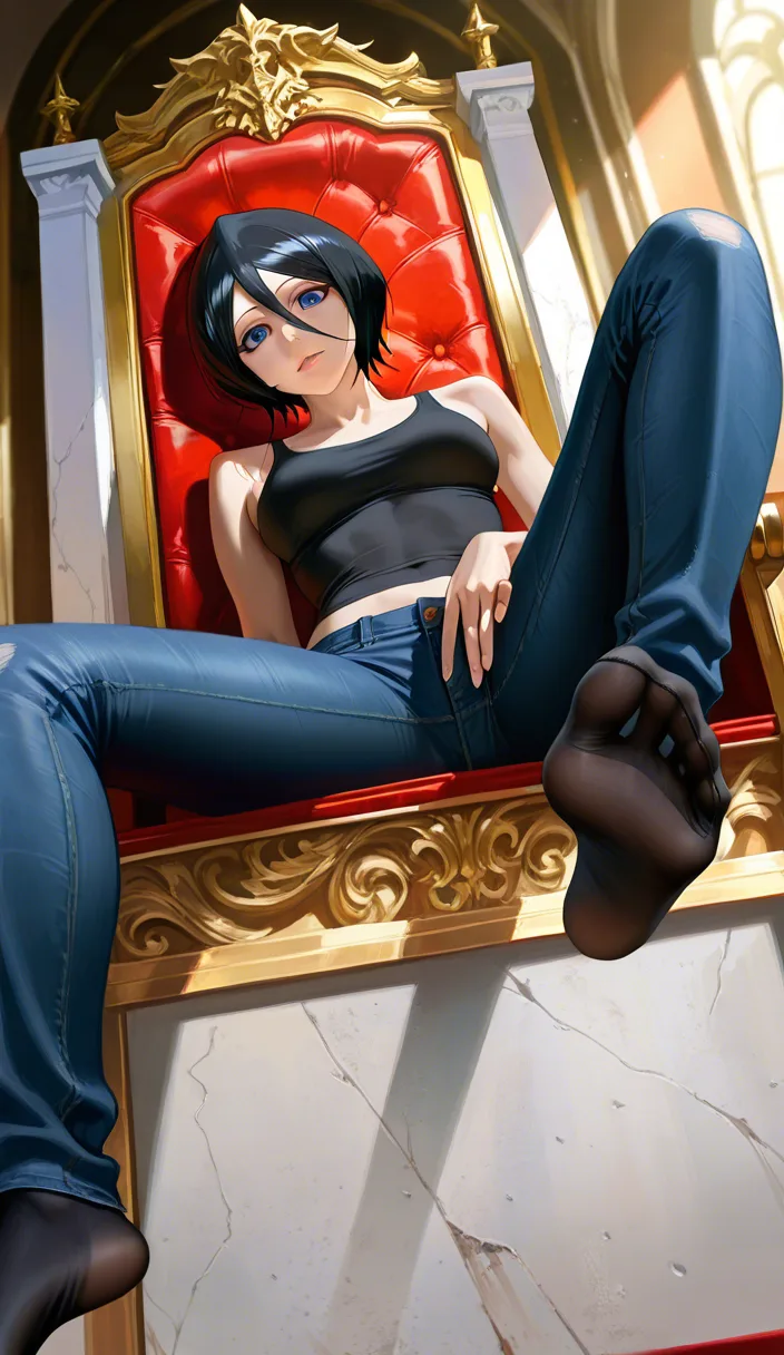 Studio quality, sharp focus , from_below foot_focus , sitting on a Throne @kuchiki_rukia spread_legs black_tank_top tight_jeans Black_socks soles , lips , blue_eyes looking_at_viewer , photorealistic, score_9, score_8, candid photo, realistic skin texture, hentai_studio_quality