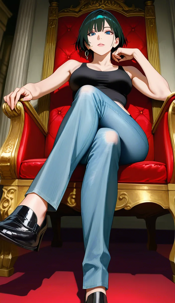 Studio quality, sharp focus , from_below foot_focus , sitting on a Throne @tsukino_usagi black_tank_top tight_jeans , crossed_legs , looking_at_viewer , photorealistic, score_9, score_8, candid photo , realistic skin texture, (anime style:1.3), 2d, anime screencap, cel shading, flat color