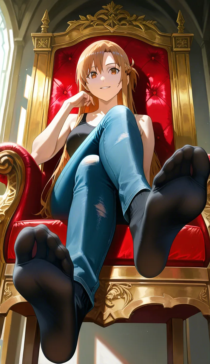 Studio quality, sharp focus , from_below foot_focus , sitting on a Throne @asuna_(sao) black_tank_top tight_jeans socks soles , crossed_legs , looking_at_viewer , photorealistic, score_9, score_8, candid photo , realistic skin texture, (anime style:1.3), 2d, anime screencap, cel shading, flat color