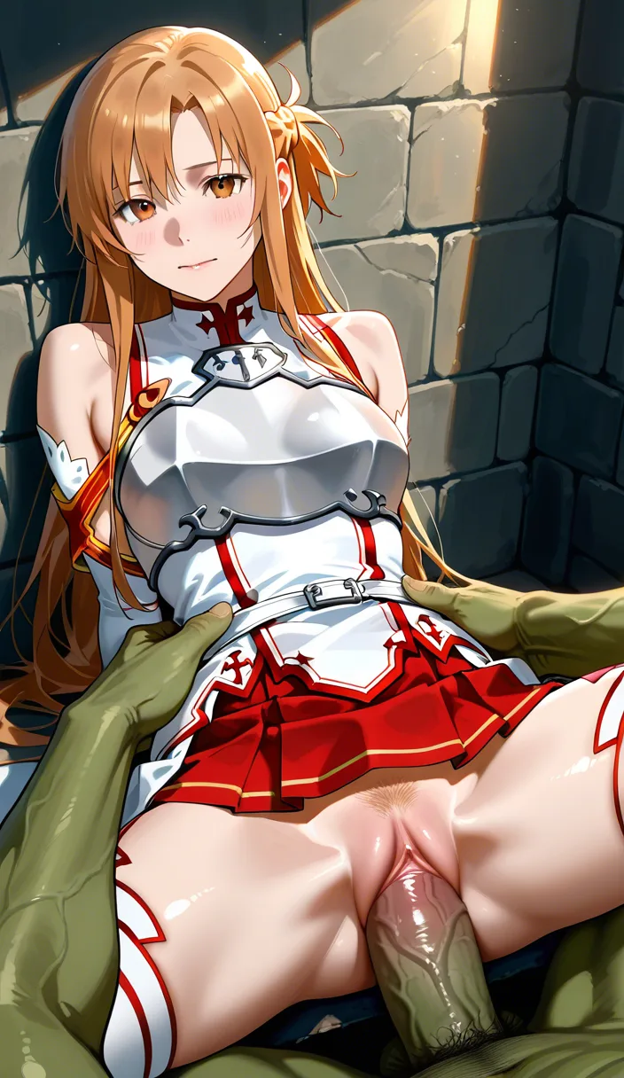 Studio quality, sharp focus , in a dungeon @asuna_(sao) having sex_from_behind vaginal leg_lift clothed_female with a Orc , Huge_veiny_penis, photorealistic, score_9, score_8, candid photo , realistic skin texture, hentai_studio_quality