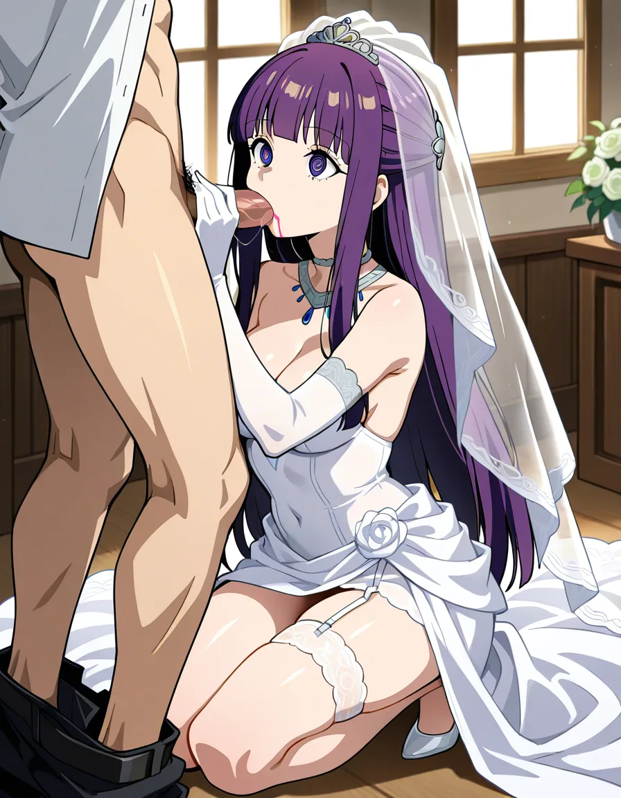 /best_quality /ultra_detailed /highres @fern_(sousou_no_frieren) #wedding_dress #bridal_veil #bridal_garter #lingerie #lipstick #makeup #@_@ #fellatio #public_indecency #kneeling, hentai_studio_quality