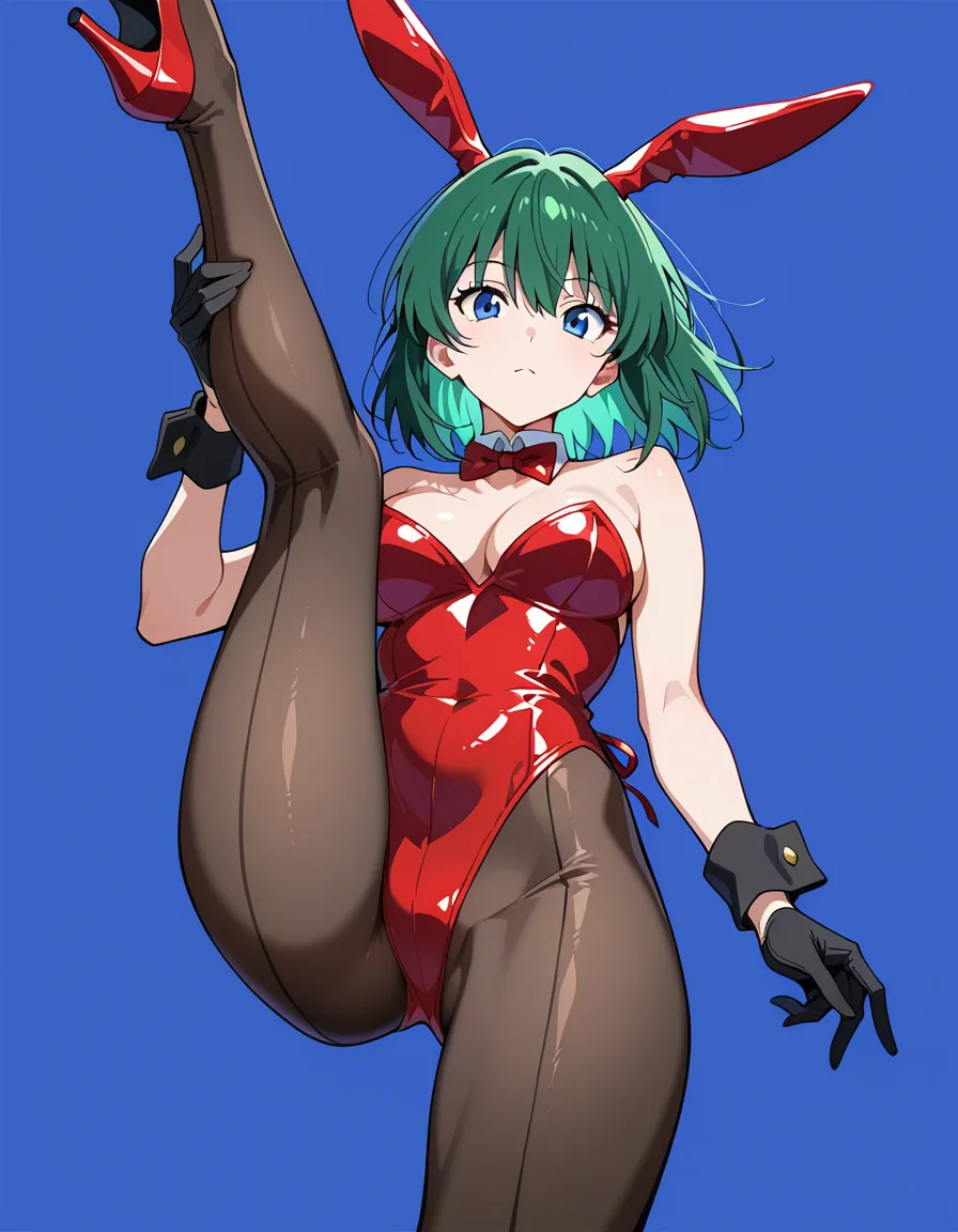 best quality, polished, bunny girl, animal ears, black gloves, leg up, relaxed mood, vivid anime colors, hentai_studio_quality