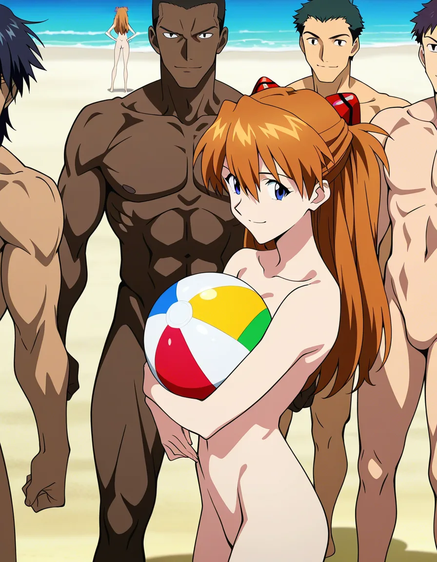 @souryuu_asuka_langley, completely_nude, standing, smile, holding beachball, interracial, 4boys, beach, (anime style:1.3), 2d, anime screencap, cel shading, flat color