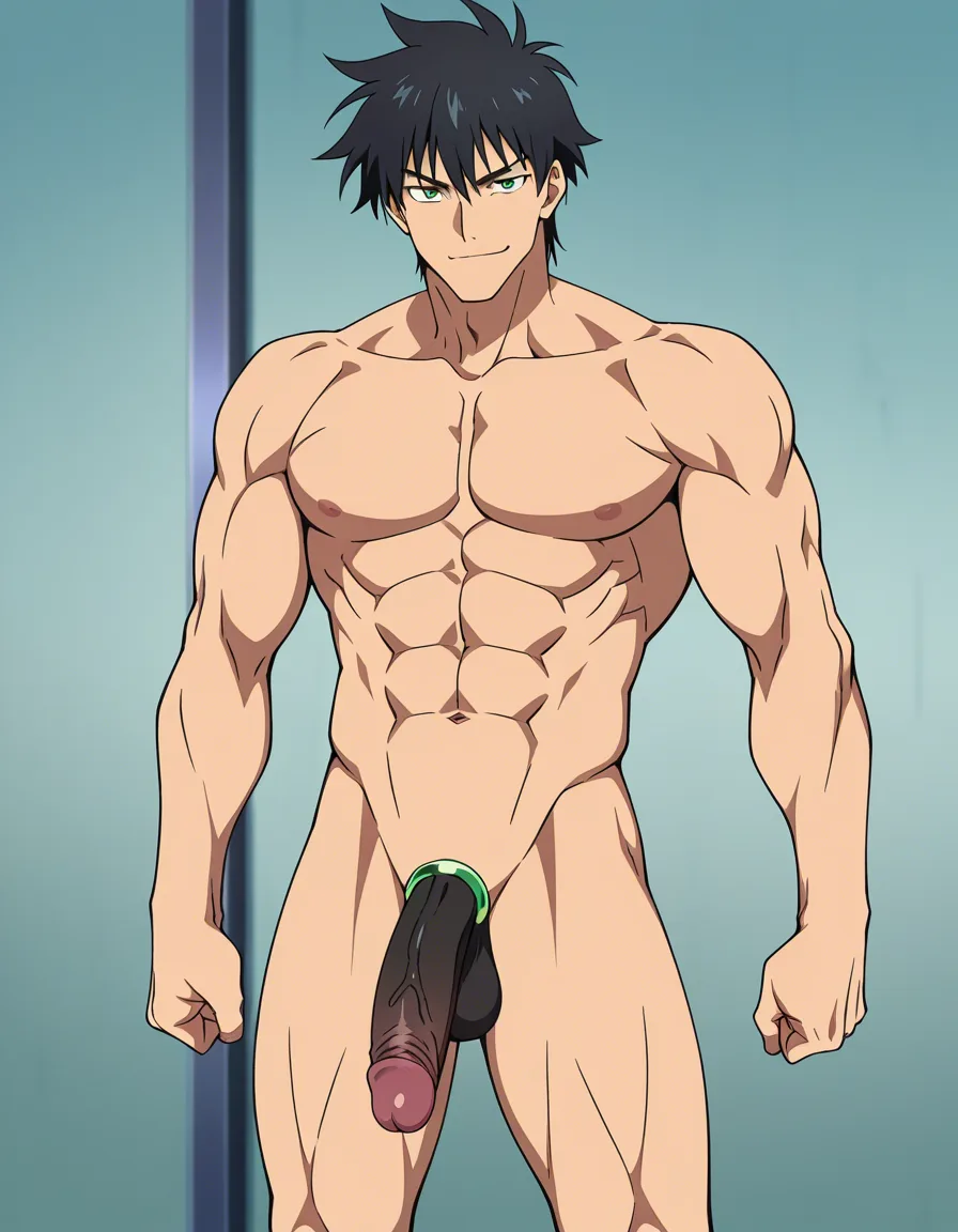 1boy, black muscular man, standing, naked, smug expression, black hair, green eyes, big black cock, cock ring, front view, (anime style:1.3), 2d, anime screencap, cel shading, flat color