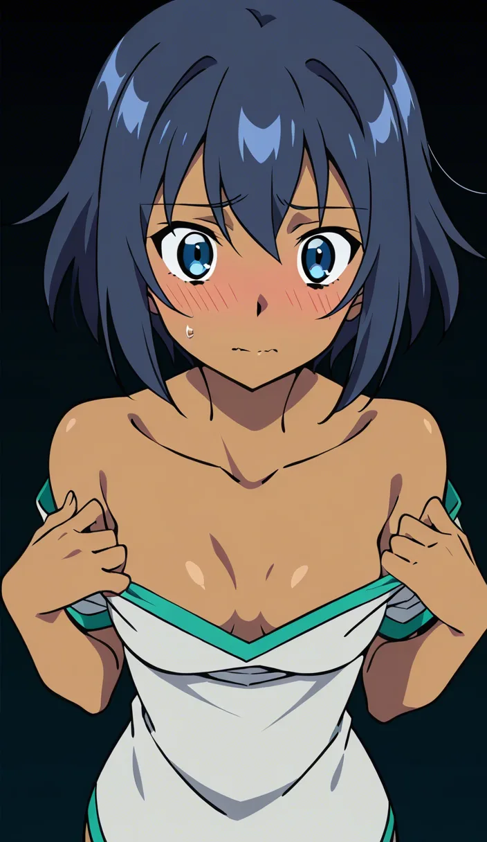 8k, sharp focus, detailed skin, from above, 1girl, undressing, dark skin, black background, nervous blush, lifelike render