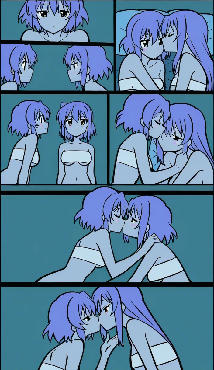 best quality, clean lines, 4girls, underboob, shirt, kissing, squirting, pillow, seductive look, soft anime shading naked sex