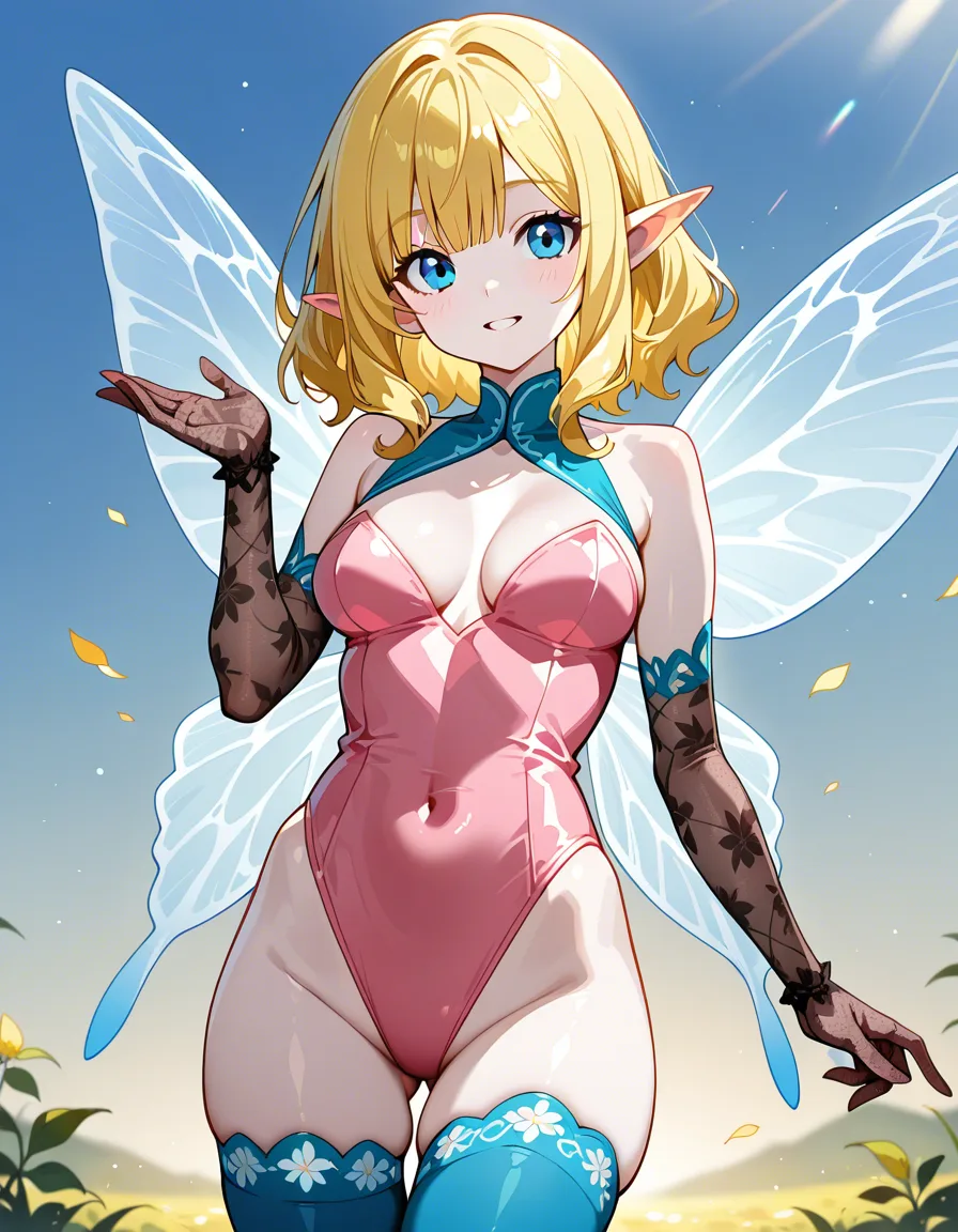 highly detailed, natural lighting, fairy girl, half Asian, blonde, pale skin, blue eyes

Wearing matching set of pink thigh highs + lace gloves + leotard, hentai_studio_quality