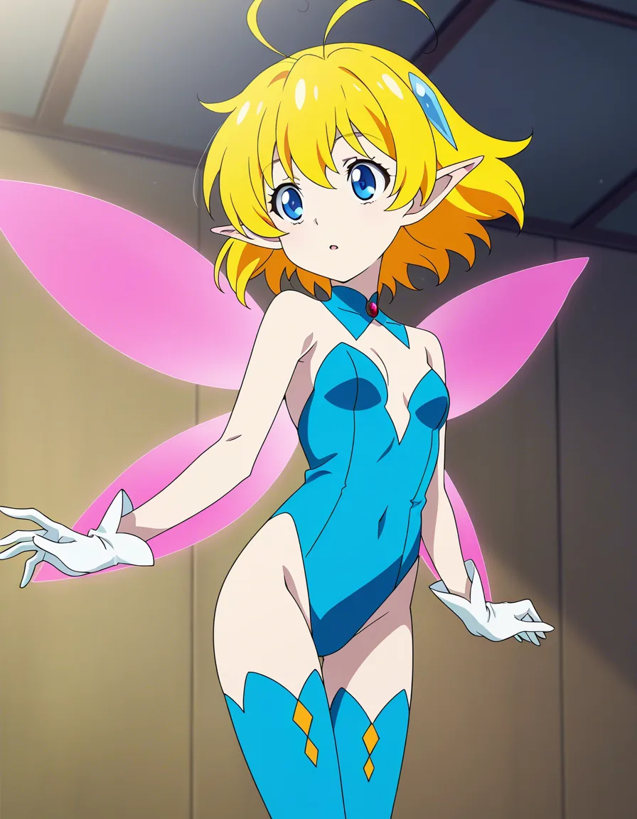 highly detailed, natural lighting, fairy girl, half Asian, blonde, pale skin, blue eyes

Wearing matching set of pink thigh highs + gloves + leotard, hentai_studio_quality, (anime style:1.3), 2d, anime screencap, cel shading, flat color