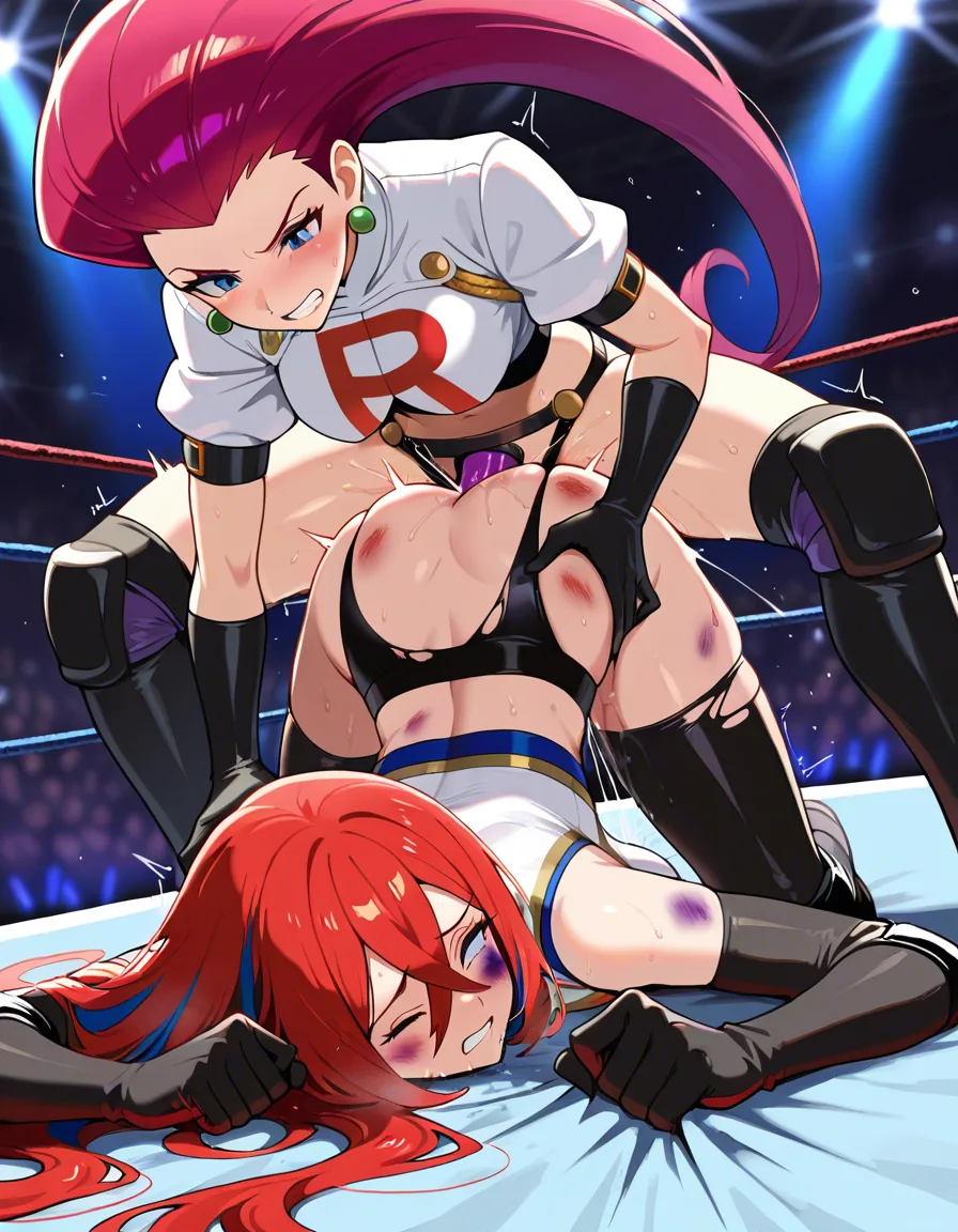 2girls , Best_quality, ultra_detailed, @jessie_(pokemon)-red_hair , @alear_(fire_emblem) , yuri sex ,wrestling_ring wrestling defeated, pussy_juice squirting orgasm , strap-on vaginal,, bruised wince, torn_clothes, top-down_bottom-up, sex_from_behind,, hentai_studio_quality, hentai_studio_quality, hentai_studio_quality, hentai_studio_quality, hentai_studio_quality