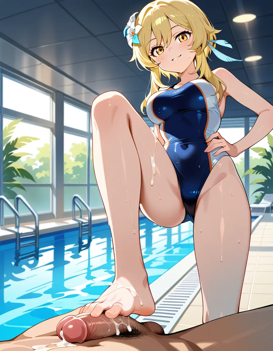 lumine, footjob, cum, seductive_smile, swimming pool, swimsuit , standing, hand_on_own_hip, stepping on penis, hentai_studio_quality