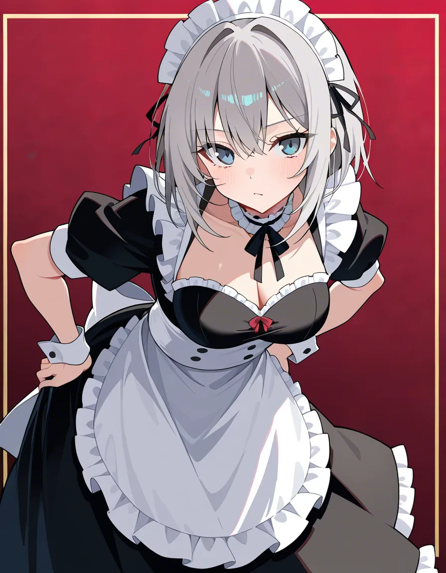 sharp focus, 8k uhd, maid, grey hair, choker, bent over, natural skin texture, hentai_studio_quality