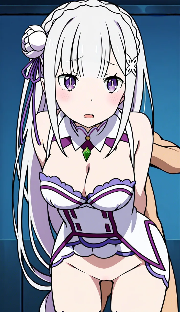 @emilia_(re:zero) maid sex vaginal doggystyle arms_behind_back standing_sex from_front against_wall medium_breasts breasts_out /masterpiece