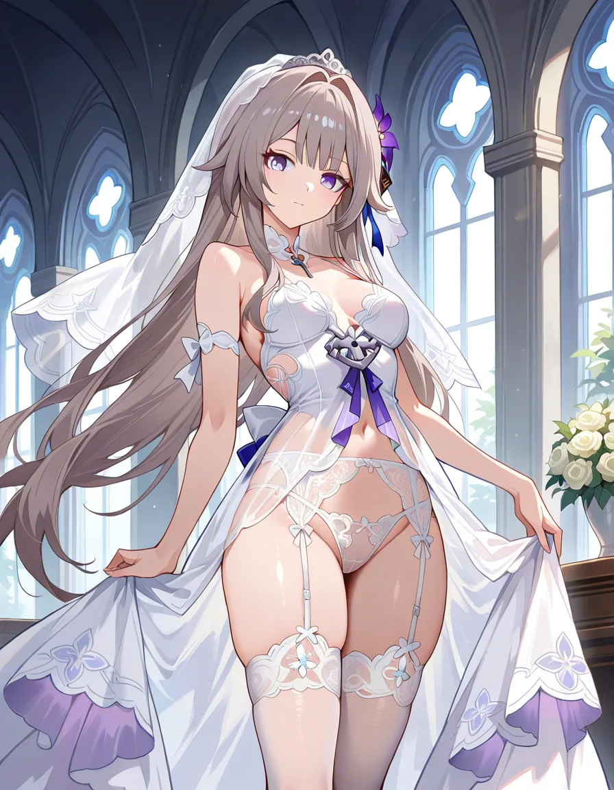 masterpiece, best quality, the herta (honkai: star rail), the herta, 1girl, solo, adult, mature,
long hair, very long hair, grey hair, purple eyes,
white lingerie wedding dress, sexy wedding dress, sheer lace, bridal lingerie, see-through, lace, frills,
garter belt, stockings, thighhighs,
standing, trembling legs, shaky legs, weak legs, barely standing, after sex, exhausted, post-coital,
sweat, flushed, messy hair, ahegao, heavy breathing, pussy juice, cum, dripping,
detailed legs, seductive, tired expression,
huge breasts, spread legs, breast curtains,, hentai_studio_quality