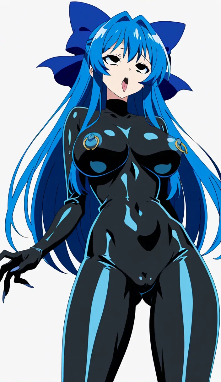best quality, hyperrealistic, demon_woman asian blue_hair long_hair hair_bow black_eyes latex large_breasts nipple_piercing long_fingernails white_background ahegao ass_visible_through_thighs anal tentacles kneeling