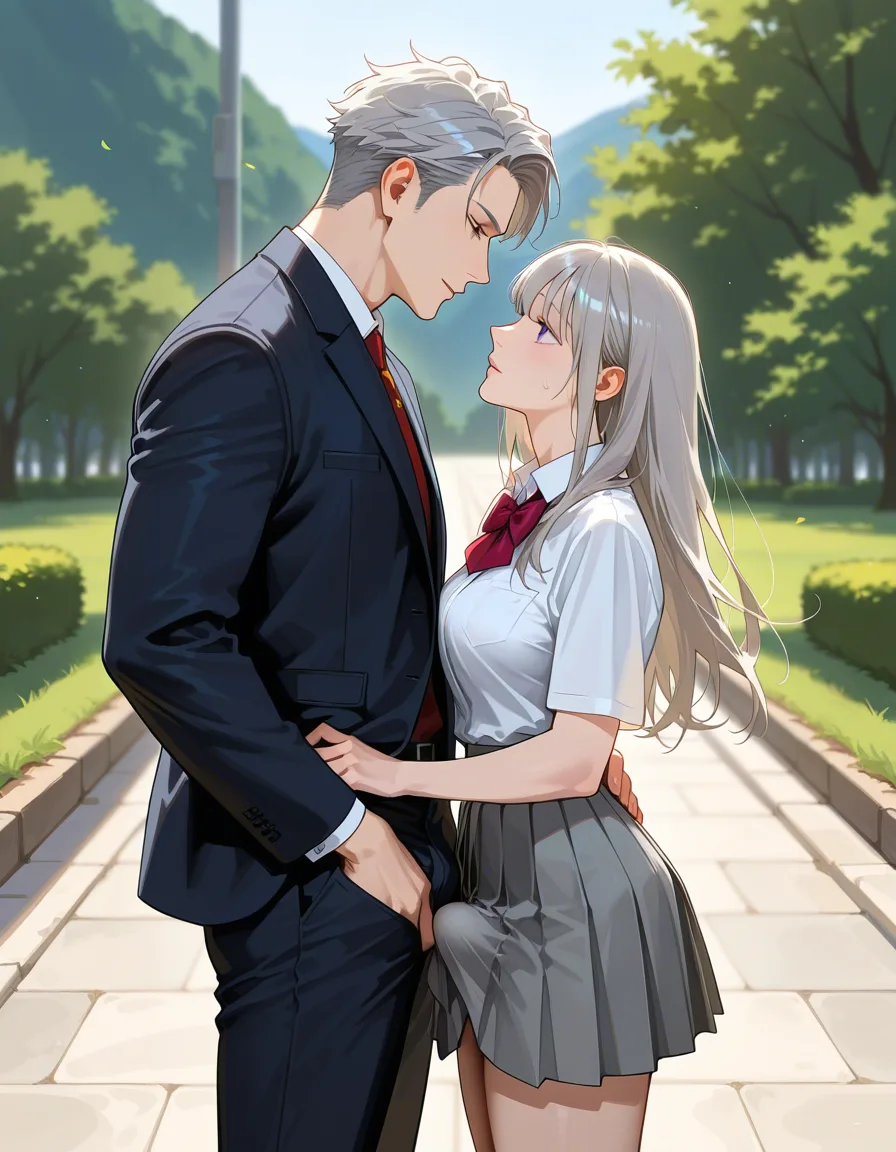 cinematic photo, 8k, couple, grey hair, bow, futanari, hyperrealistic, hentai_studio_quality
